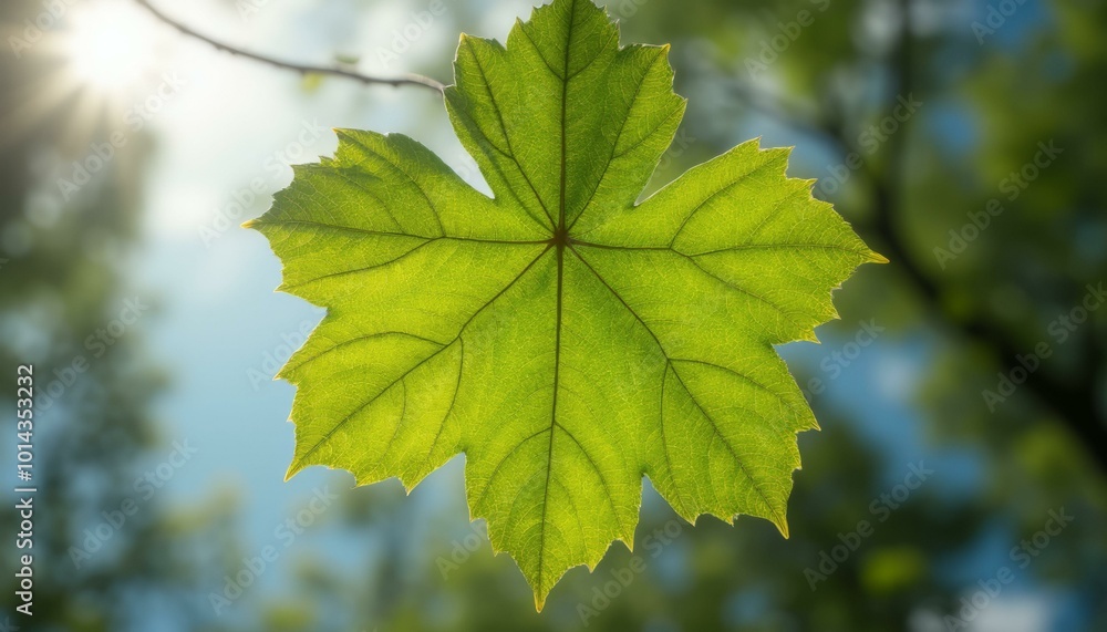 Large Green Sycamore Leaf Hanging from a Branch with Bright Light and Background Trees Large Green Sycamore Leaf Hanging from a Branch with Bright Light and Background Trees