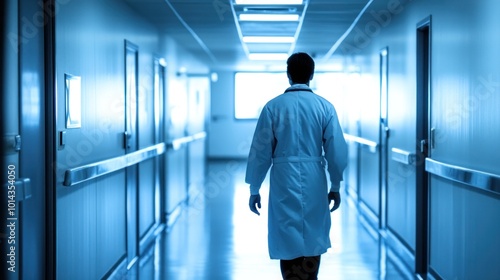 Scientist in lab coat walks down hallway ready to make discoveries.