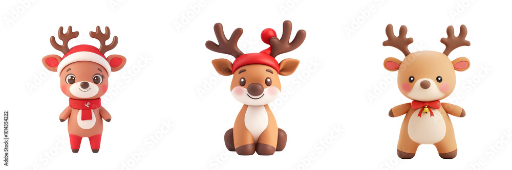 Fototapeta premium Cute cartoon reindeer characters dressed for the holidays, an isolated on transparent background.