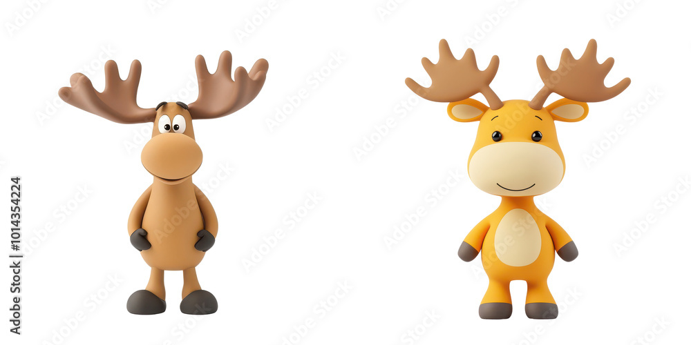 Two cartoon moose characters with exaggerated features, one brown and one orange, set against an isolated on transparent background. Two cartoon moose characters with exaggerated features, one brown and one orange, set against an isolated on transparent background.