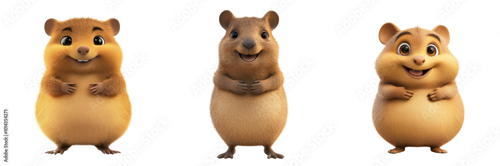 Fototapeta premium Three animated hamsters with cheerful expressions, standing side by side against an isolated on transparent background, exuding a playful and friendly vibe.