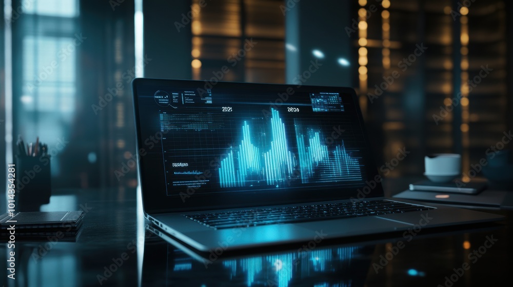 Laptop Displaying Financial Data and Charts Laptop Displaying Financial Data and Charts