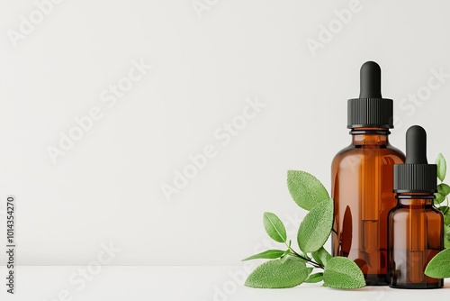 Healing tinctures made from freshly harvested herbs on a clean white surface, herbal remedies, purity and natural healing, 3D illustration