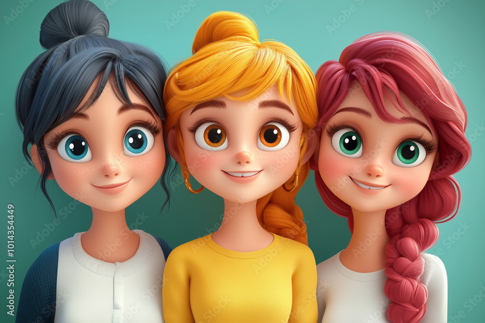 Three cartoon girls with different hair colors and smiling. The girls are posing for a picture and are wearing yellow shirts Three cartoon girls with different hair colors and smiling. The girls are posing for a picture and are wearing yellow shirts