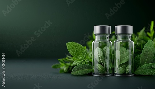 Pure herbal extracts in small glass vials with fresh herbs arranged artistically, natural herbs, healing power and purity, 3D illustration