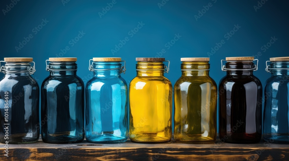 A row of six glass jars with wooden lids and metal closures arranged in a pattern of alternating colors on a dark wooden surface A row of six glass jars with wooden lids and metal closures arranged in a pattern of alternating colors on a dark wooden surface