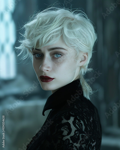 Portrait of a white haired woman with pale skin and red lips in a dark, gothic setting photo