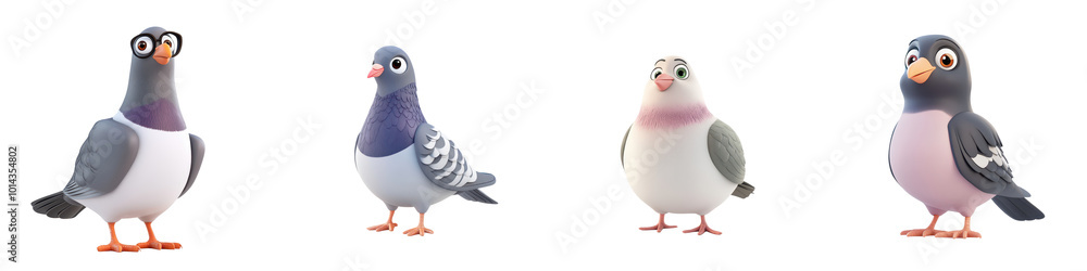 Four distinct pigeons showcased against an isolated on transparent background , featuring varied colors and patterns, highlighting their unique features. Four distinct pigeons showcased against an isolated on transparent background , featuring varied colors and patterns, highlighting their unique features.