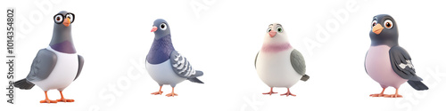 Four distinct pigeons showcased against an isolated on transparent background , featuring varied colors and patterns, highlighting their unique features.