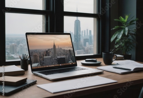 Wallpaper Mural A laptop is open on a wooden desk in front of a window Torontodigital.ca