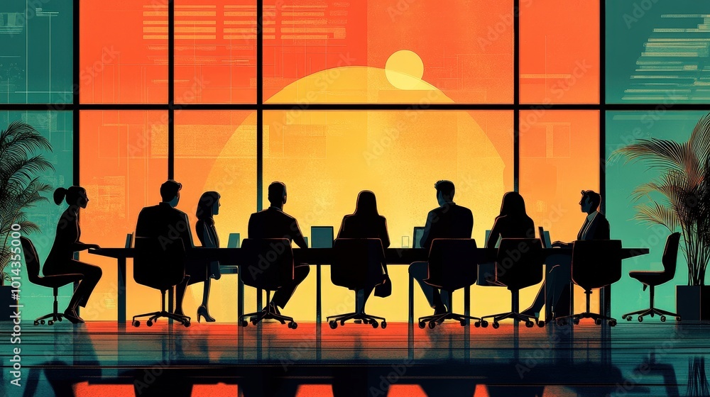 Dynamic Business Meeting: Retro Minimalistic Illustration of Playful Office Team in Graphic Poster Style Dynamic Business Meeting: Retro Minimalistic Illustration of Playful Office Team in Graphic Poster Style