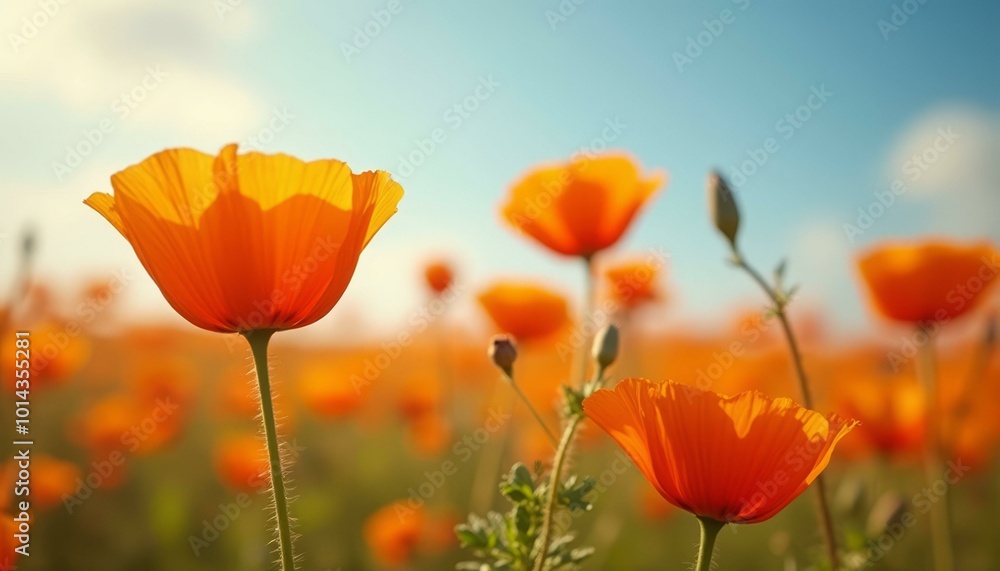 Naklejka premium Radiant Orange California Poppy Flowers in Full Bloom Under a Clear Sky