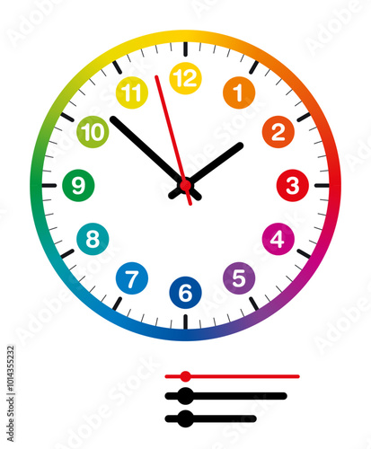 Colorful dial of a kids watch. Rainbow colored, circular, analog clock face with bold numbers for hours, a division into minutes, hands for hours, minutes, and seconds, and with an extra set of hands.
