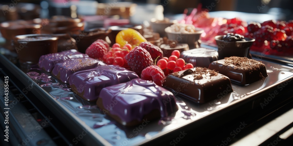 A tray of gourmet chocolates, featuring a variety of flavors and textures, including dark chocolate, milk chocolate, and white chocolate, adorned with fresh raspberries and a dusting of cocoa powder. A tray of gourmet chocolates, featuring a variety of flavors and textures, including dark chocolate, milk chocolate, and white chocolate, adorned with fresh raspberries and a dusting of cocoa powder.