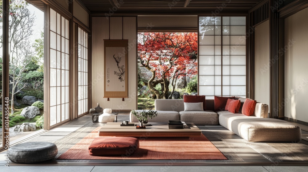 a modern living room interior design in a japanese style Stock Photo ...