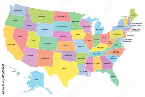 The United States of America, multi colored political map with the silhouettes of 50 states and their names, and with the federal District of Columbia, as such a map is used for statistics. Vector.