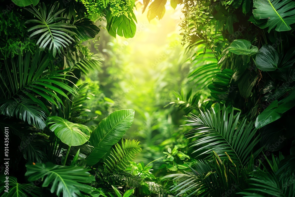 Lush green foliage creates a vibrant frame for a warm, sunlit clearing in the jungle. Lush green foliage creates a vibrant frame for a warm, sunlit clearing in the jungle.