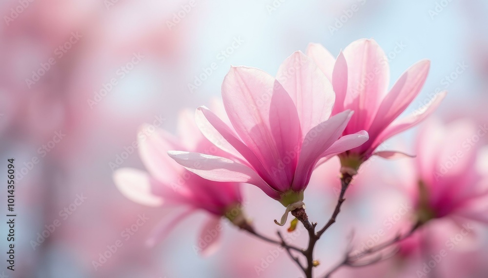 Pink Magnolia Flowers Blooming on a Branch Against a Softly Blurred Background Pink Magnolia Flowers Blooming on a Branch Against a Softly Blurred Background