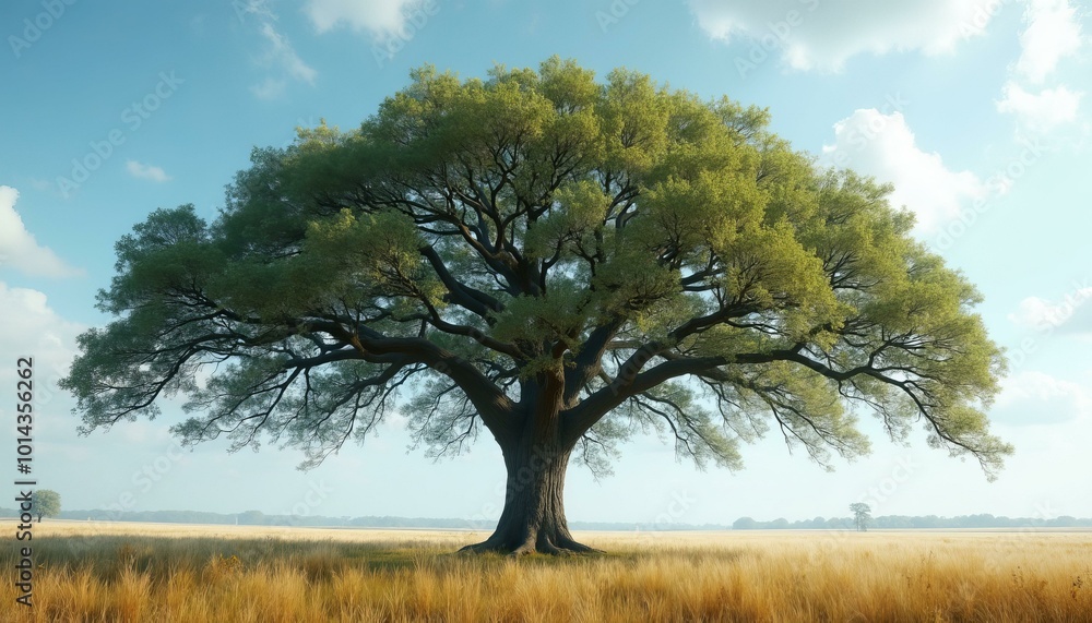 Sturdy Oak Tree with Sprawling Branches Surrounded by Tall Yellow Grass Under a Cloudy Sky Sturdy Oak Tree with Sprawling Branches Surrounded by Tall Yellow Grass Under a Cloudy Sky