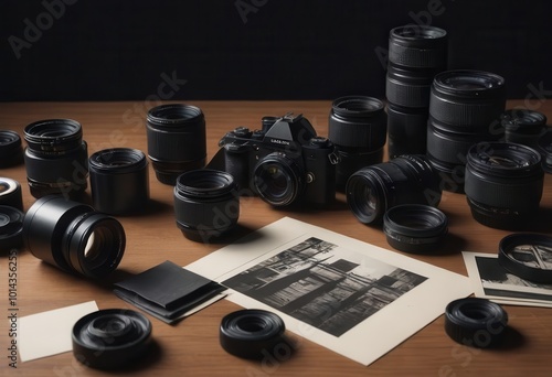 A camera is placed on a wooden table and is surrounded by various lenses