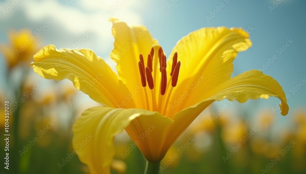 Fototapeta premium Bright Yellow Lily Flower in Front of a Clear Blue Sky
