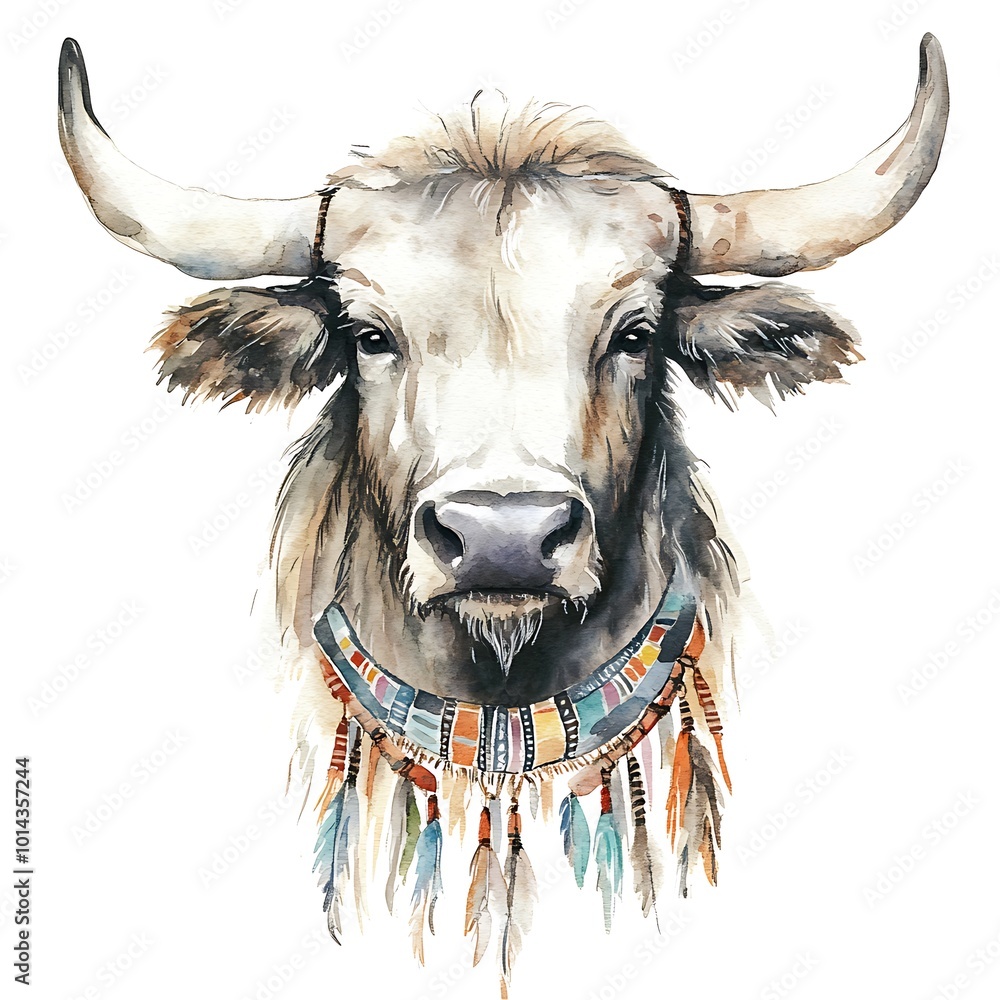 Watercolor Painting of a Bull with Feathers and Beads. Watercolor Painting of a Bull with Feathers and Beads.