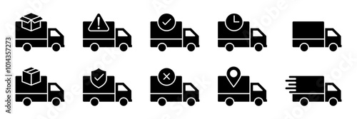 Delivery truck black line icon set. Free delivery shipping icon, home express deliver service vector label with fast car truck. Courier or parcel shipment cargo and food delivery service symbol.