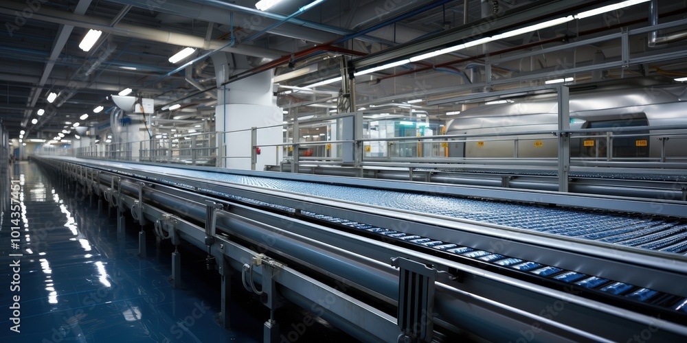 Fototapeta premium Industrial conveyor belt system in a factory setting with a blue floor and overhead lights