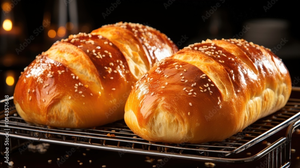 Two golden brown loaves of bread topped with sesame seeds, resting on a wire rack, illuminated by warm light Two golden brown loaves of bread topped with sesame seeds, resting on a wire rack, illuminated by warm light