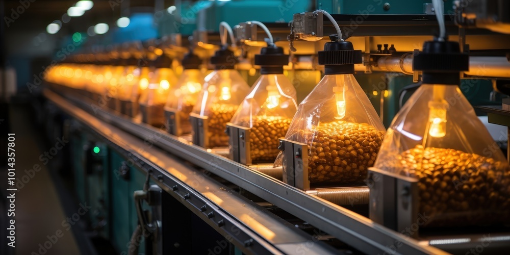 Conveyor Belt Filled with Transparent Bags of Seeds Illuminated by Incandescent Bulbs