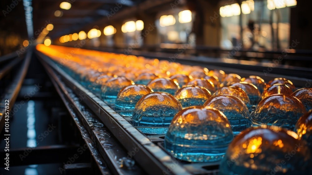 A close-up view of a factory conveyor belt carrying rows of glass spheres, illuminated from behind, creating a mesmerizing display of light and reflection. A close-up view of a factory conveyor belt carrying rows of glass spheres, illuminated from behind, creating a mesmerizing display of light and reflection.