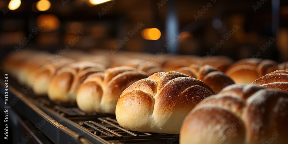 A Row of Freshly Baked Bread Rolls Moving on a Conveyor Belt in a Bakery A Row of Freshly Baked Bread Rolls Moving on a Conveyor Belt in a Bakery