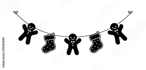 Gingerbread Cookies Garland Silhouette, Christmas Graphics Festive Winter Holiday Season Bunting