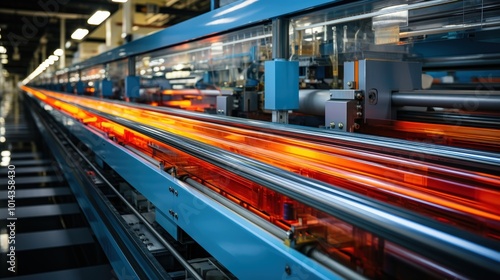 Close-up View of a Conveyor Belt System with Glowing Orange Lights in a Factory Setting