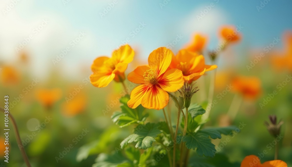 Bright Orange Nasturtium Flowers Surrounded by Green Leaves in a Sunny Field Bright Orange Nasturtium Flowers Surrounded by Green Leaves in a Sunny Field