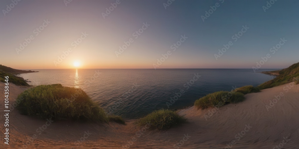 A breathtaking panoramic view of a vibrant sunset over a tranquil body of water A breathtaking panoramic view of a vibrant sunset over a tranquil body of water