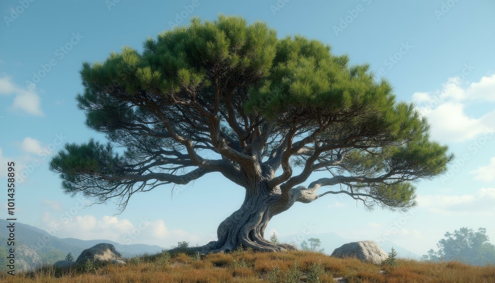 Distinctive Pine Tree with Sprawling Branches in a Field Surrounded by Boulders Distinctive Pine Tree with Sprawling Branches in a Field Surrounded by Boulders