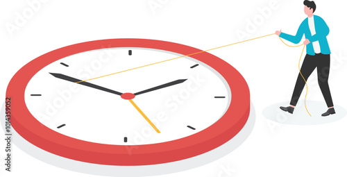 Businessman uses a rope to pull the second hand to try to stop time

