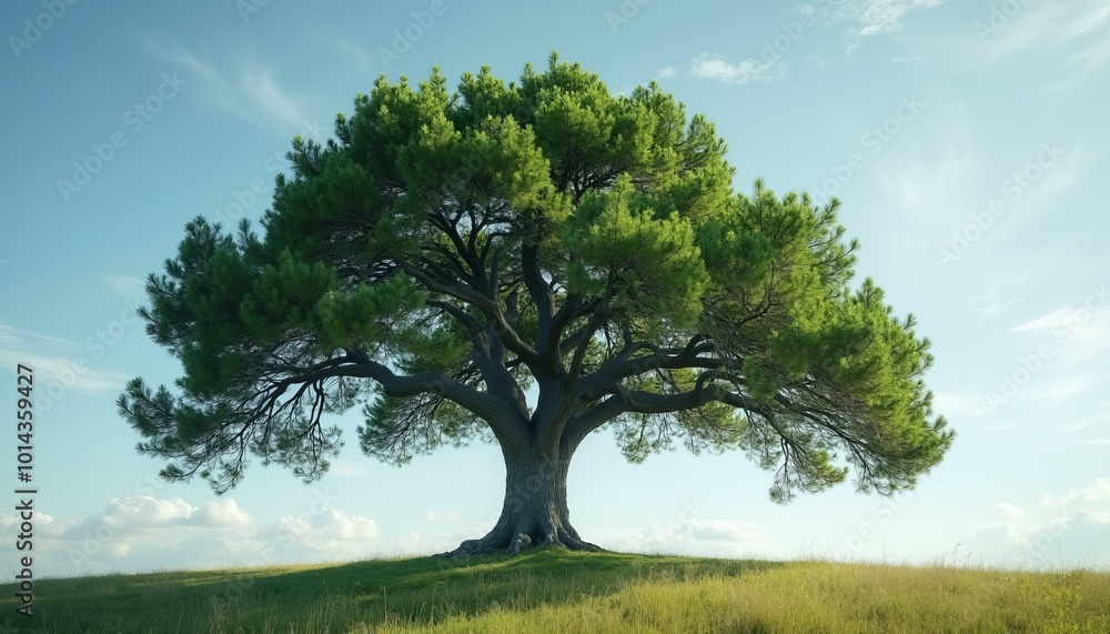 Majestic Cedar Tree Under a Blue Sky with White Clouds Majestic Cedar Tree Under a Blue Sky with White Clouds