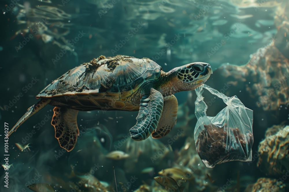 Fototapeta premium Plastic Pollution In Ocean Turtle Eat Plastic Bag Environmental Problem