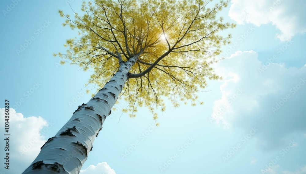 Fototapeta premium Towering Birch Tree with White Bark Against a Bright Blue Sky