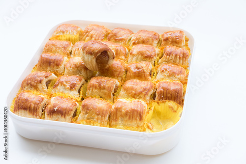 Selective Focus , Pineapple roll tart cookies or Nastar, in a box, isolated on white background. photo