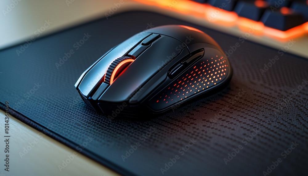 Digital Workspace: Close-up of Modern Computer Mouse on Graphic Design Mousepad with User Interface Elements Digital Workspace: Close-up of Modern Computer Mouse on Graphic Design Mousepad with User Interface Elements
