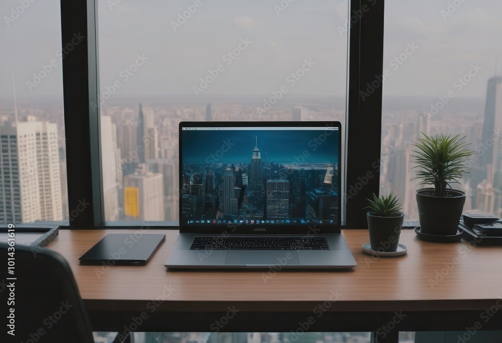 On a desk, an open laptop is present alongside two cups of coffee On a desk, an open laptop is present alongside two cups of coffee