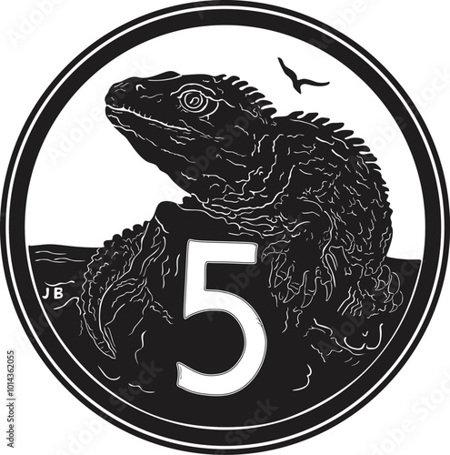 5 cents coin with tuatara New Zealand currency vector design,  handmade silhouette