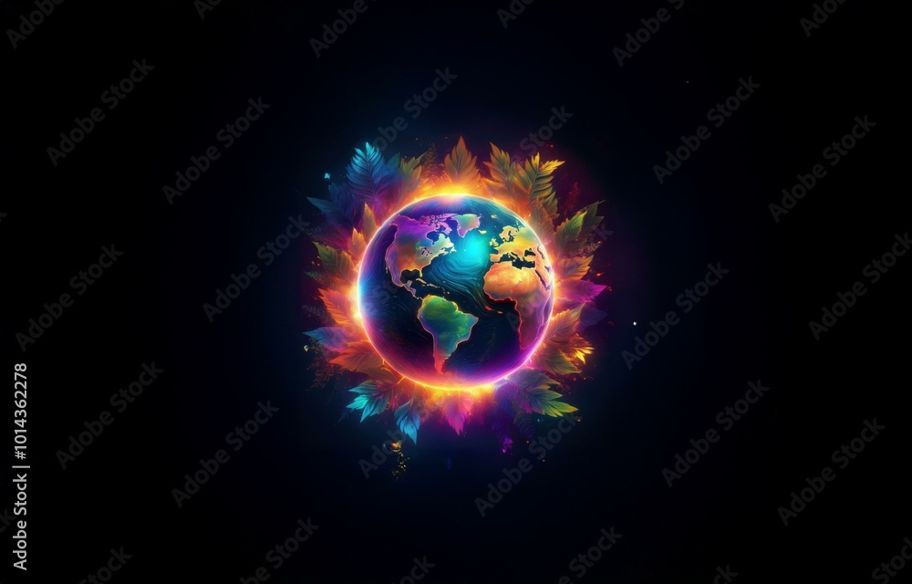 Obraz premium A colorful globe surrounded by glowing abstract leaves on a dark background.