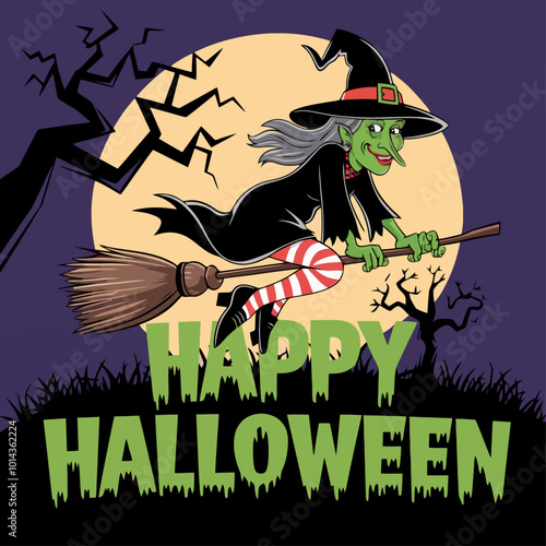 Halloween witch flying on a broomstick with a full moon in the background.