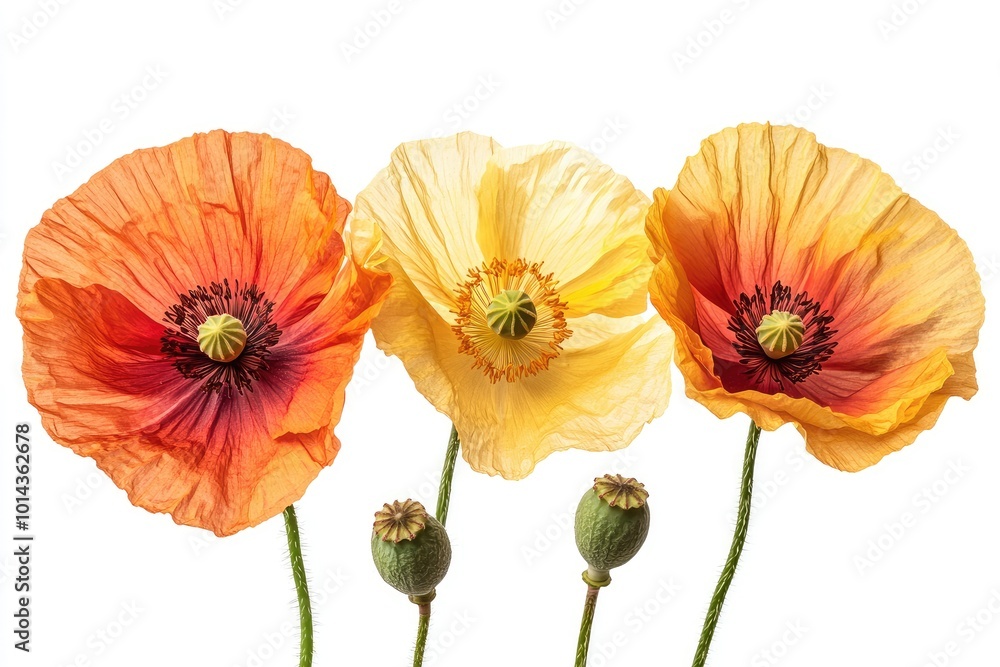 Three colorful poppies blooming on white background Three colorful poppies blooming on white background