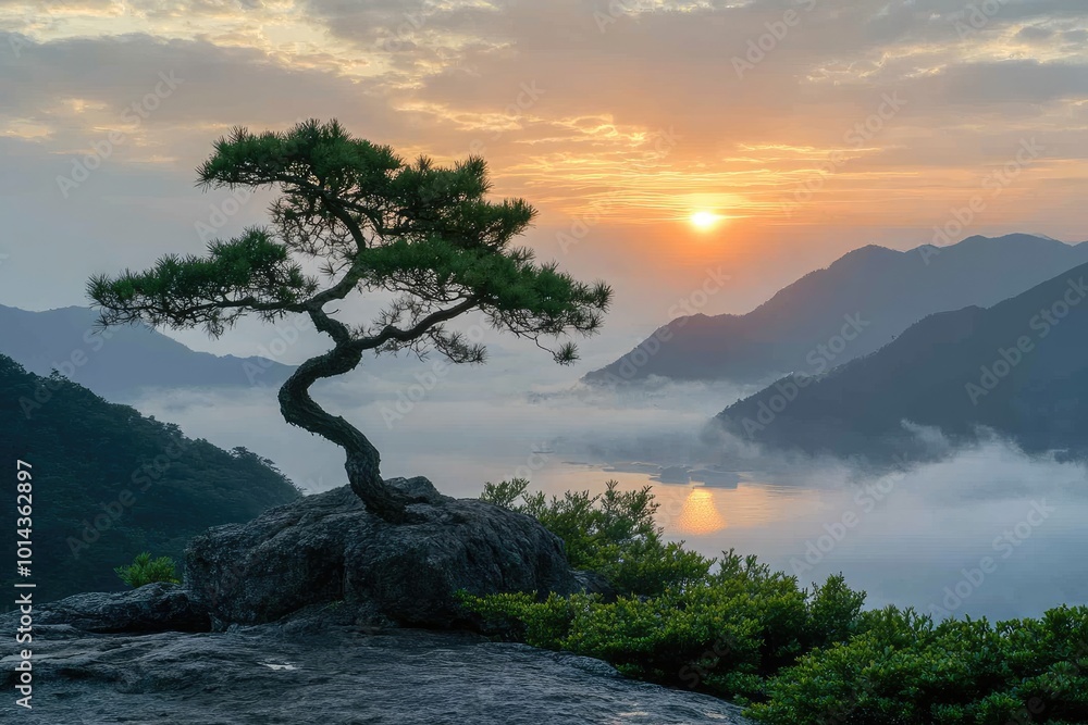 Lone pine tree standing on a rock overlooking a valley of fog at sunrise Lone pine tree standing on a rock overlooking a valley of fog at sunrise