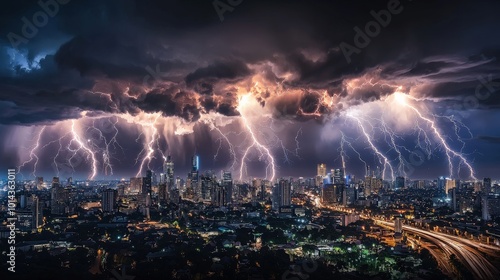 A rare meteorological event where multiple thunderstorms converge over a large city, creating spectacular lightning and heavy rain